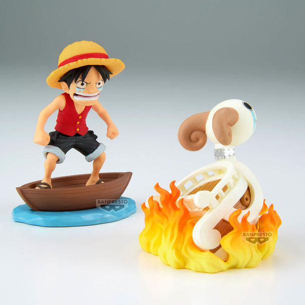 Figurine du navire Going Merry détaillé de One Piece, vue latérale avec voiles déployées