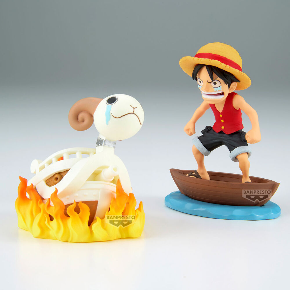 Pack figurine One Piece Luffy et Going Merry présenté sur fond blanc, 5 images au total