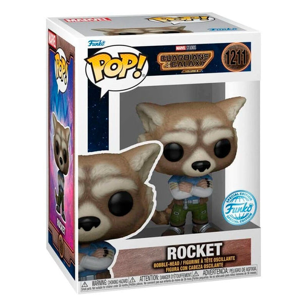 Figurine Funko Pop exclusive de Rocket des Gardiens de la Galaxie en position dynamique avec détails précis