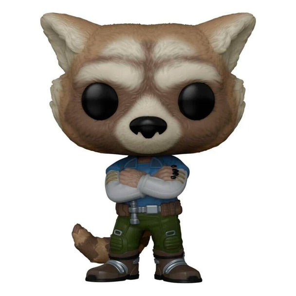 Vue rapprochée de la figurine Rocket Marvel Funko Pop exclusive montrant les couleurs vives et le design soigné
