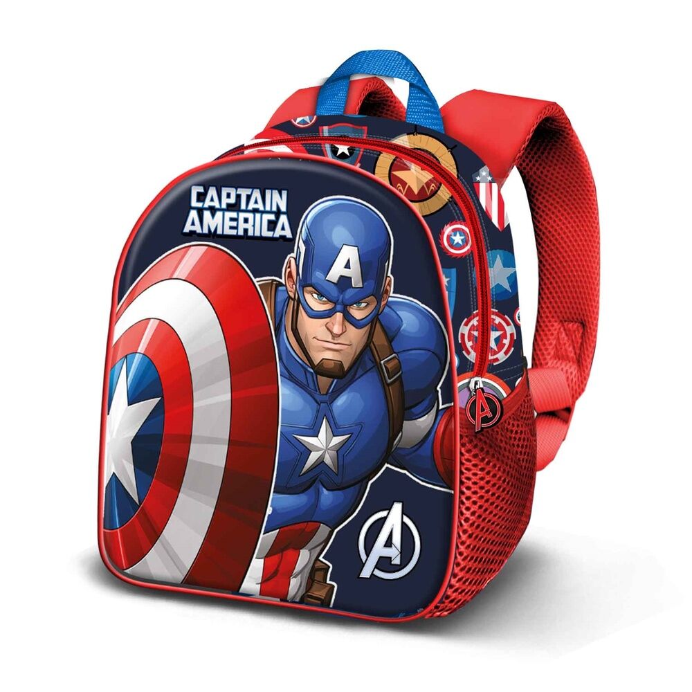 Sac à dos enfant Captain America Patriot 3D de 31cm avec design embossé et poche latérale en mesh, idéal pour la maternelle.
