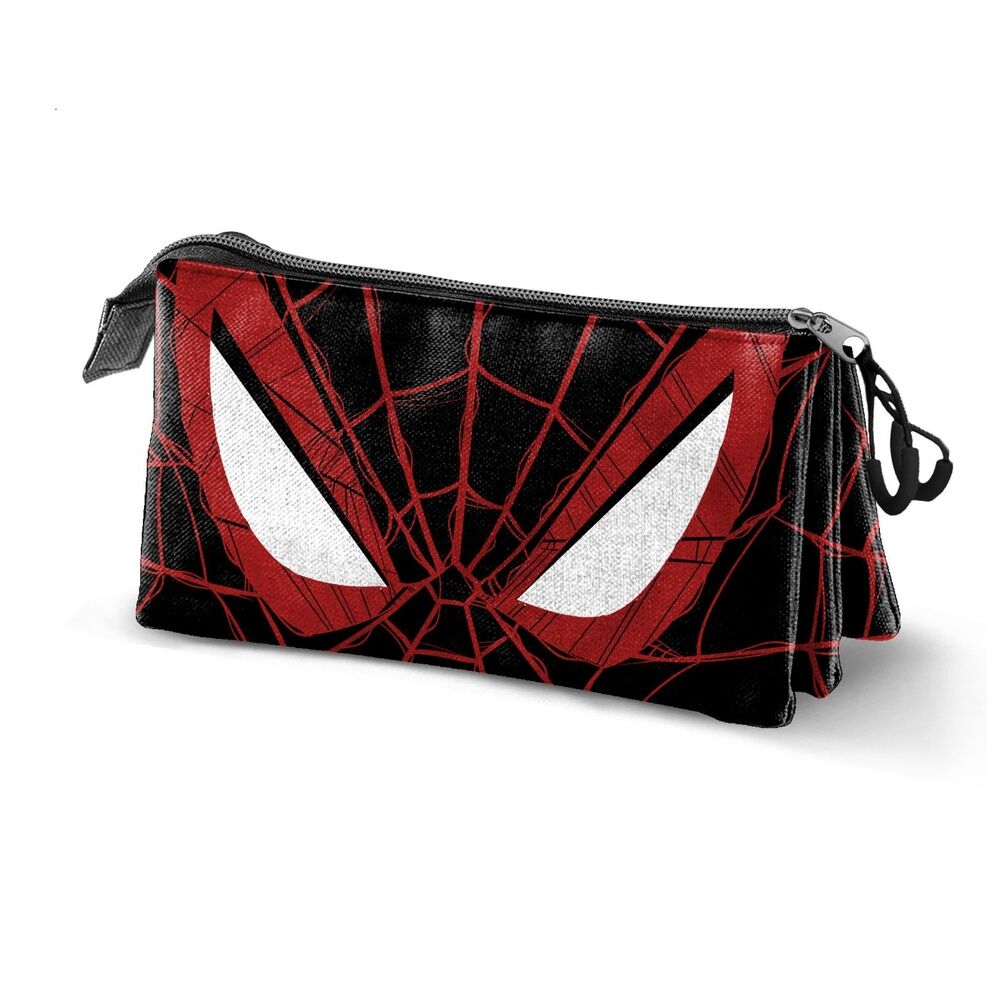 Trousse Marvel Spiderman KARACTERMANIA vue de face avec trois compartiments ouverts, dimensions 11x23x8 cm