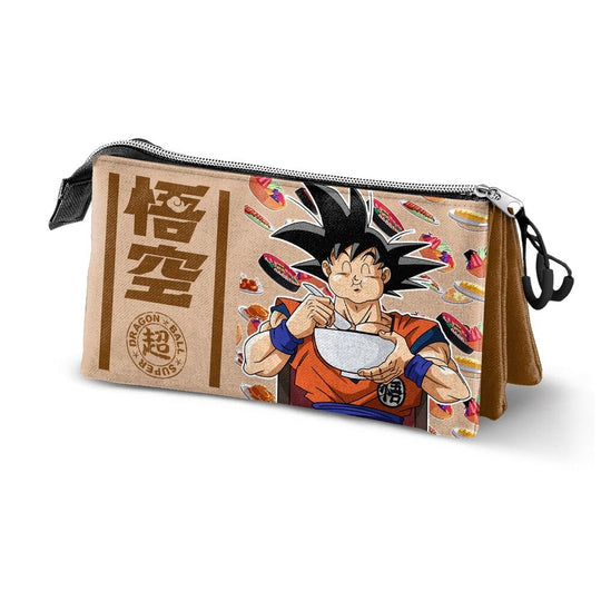 Trousse triple compartiment Dragon Ball Z Goku Foodie avec fermeture éclair et doublure intérieure, dimensions 11x23x8 cm.