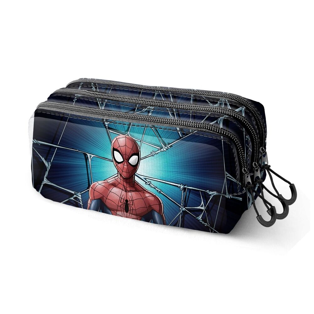 Trousse scolaire Marvel Spiderman Maximum KARACTERMANIA vue de face avec trois compartiments zippés et design Spiderman.