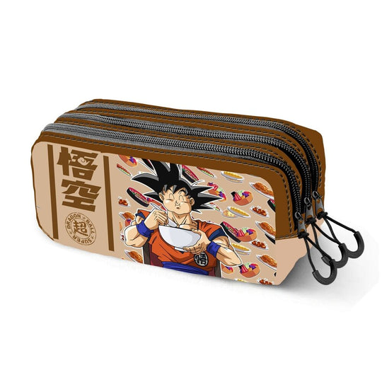 Trousse Dragon Ball Z Goku avec 3 compartiments zippés, idéale pour ranger stylos, crayons et autres fournitures scolaires avec l'effigie de Goku.