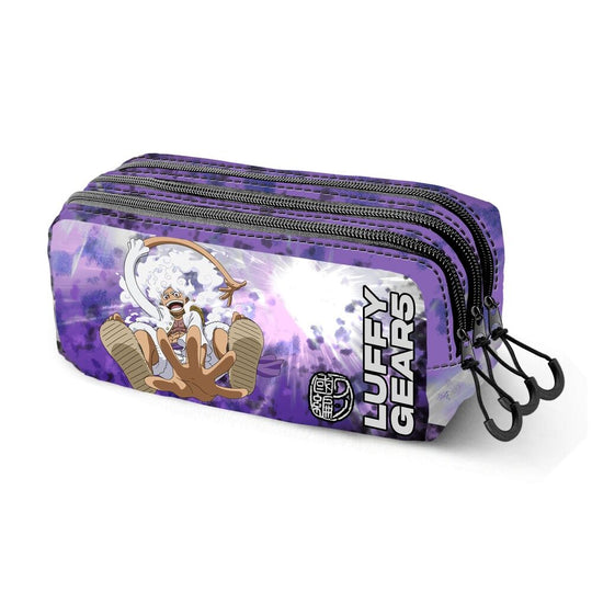 Trousse scolaire One Piece Luffy Gear 5 avec trois compartiments zippés, fabriquée en matériau Ripstop résistant, vue de face.