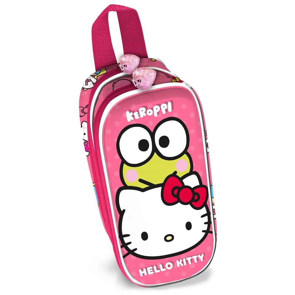 Trousse double Hello Kitty 3D KARACTERMANIA avec deux compartiments zippés, dimensions 9,5x22x8 cm, design embossé en relief.