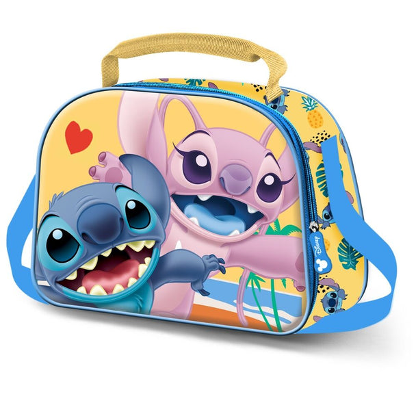 Sac à déjeuner Stitch Disney KARACTERMANIA avec design 3D embossé et bandoulière réglable, dimensions 20x25,5x10 cm, idéal pour enfants.