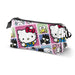 Trousse Hello Kitty rose avec trois compartiments zippés, idéale pour organiser les stylos et crayons des enfants à l'école.