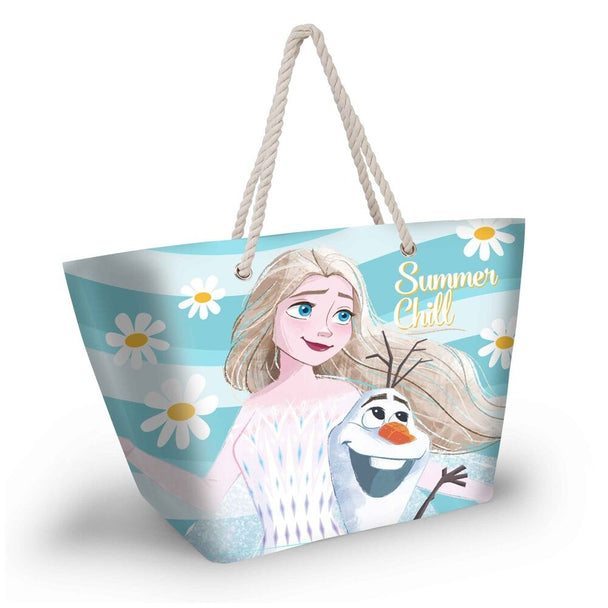Sac de plage Disney Frozen Chill KARACTERMANIA avec compartiment zippé et anses, dimensions 37x52x17cm, parfait pour l'été.