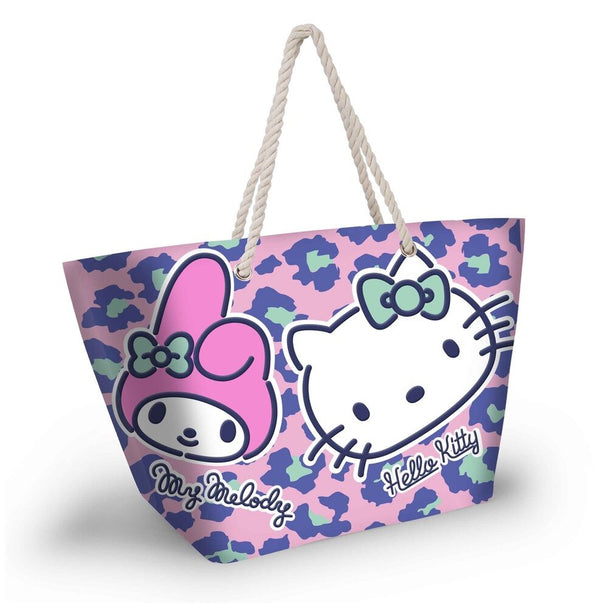 Sac de plage Hello Kitty Safari KARACTERMANIA avec compartiment zippé et poignées, dimensions 37x52x17 cm, parfait pour l'été.
