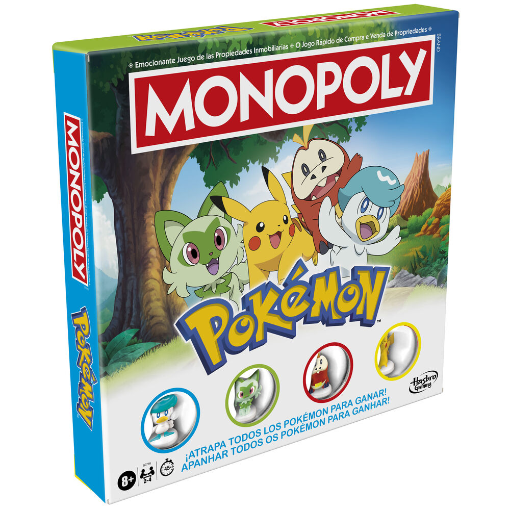 Boîte du jeu Monopoly Pokémon en espagnol par HASBRO avec illustration colorée et logos visibles