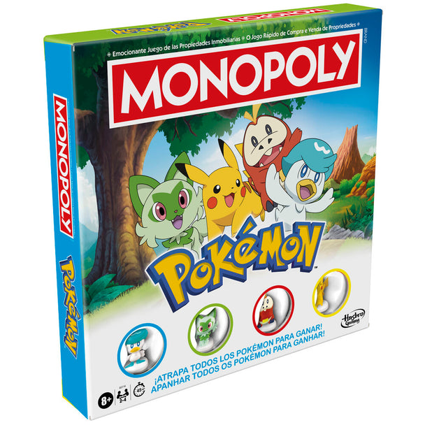 Boîte du jeu Monopoly Pokémon en espagnol par HASBRO avec illustration colorée et logos visibles