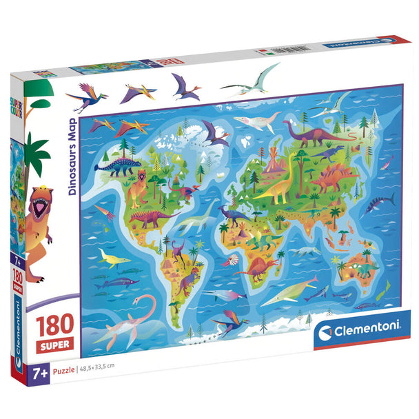 Puzzle Dinosaurs Map de CLEMENTONI avec 180 pièces illustrant différentes espèces de dinosaures sur une carte colorée.