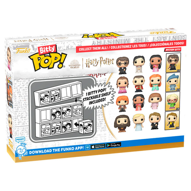Blister contenant 4 figurines Bitty POP Harry Potter et Ron avec boîtiers acryliques transparents et socles détachables