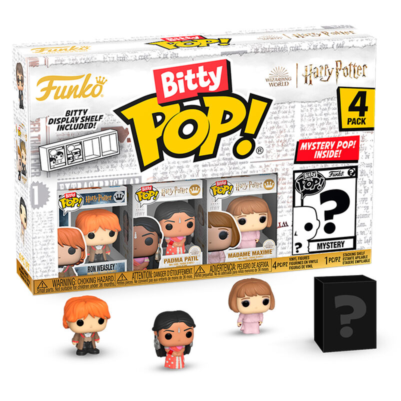 Vue rapprochée de la figurine Bitty POP Ron avec son expression caractéristique et son socle amovible en acrylique