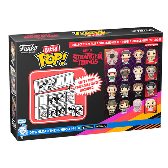 Vue d'ensemble des 4 figurines Bitty POP Stranger Things dans leur emballage rigide FUNKO