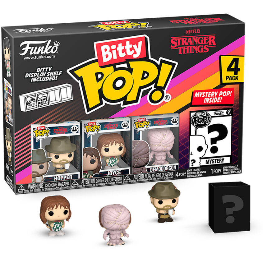 Blister 4 figures Bitty POP Stranger Things Hopper avec packaging transparent et socles acryliques