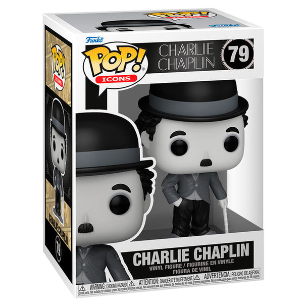 Figurine Funko POP Charlie Chaplin en vinyle de 9 cm avec son chapeau et sa canne, présentée dans sa boîte cadeau originale.