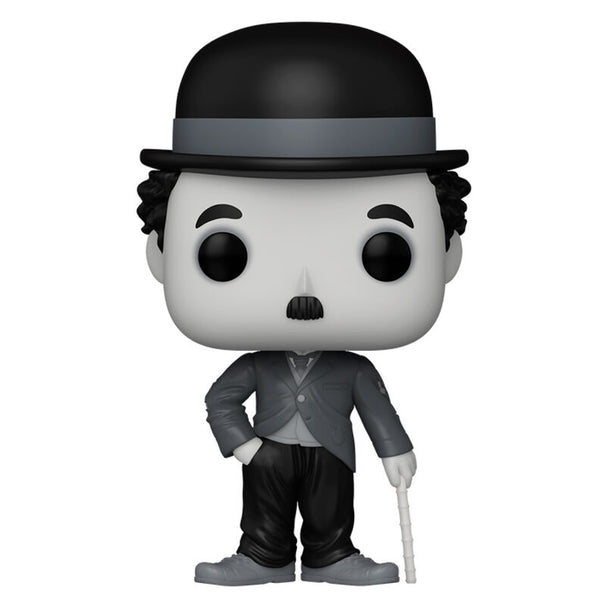 Vue rapprochée de la figurine Funko POP Charlie Chaplin montrant les détails du visage et des accessoires en vinyle.