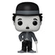 Vue rapprochée de la figurine Funko POP Charlie Chaplin montrant les détails du visage et des accessoires en vinyle.