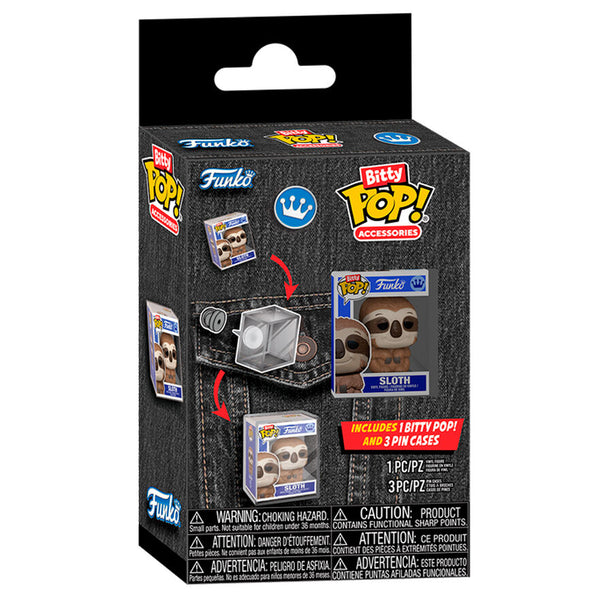 Pack Bitty POP FUNKO comprenant une figurine paresseux et trois pin cases en acrylique transparent pour collectionneurs