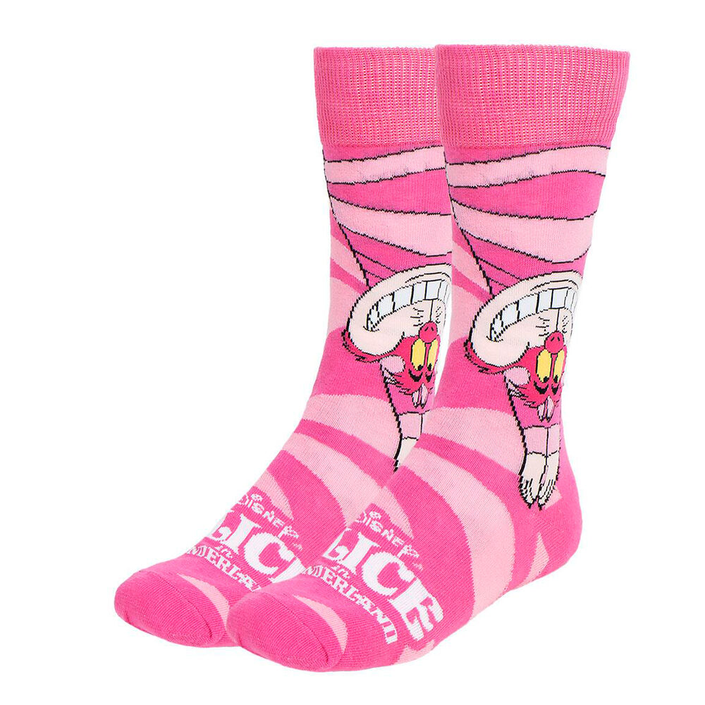 Chaussette adulte Disney Alice au Pays des Merveilles avec motif du Chat de Cheshire souriant sur fond foncé.