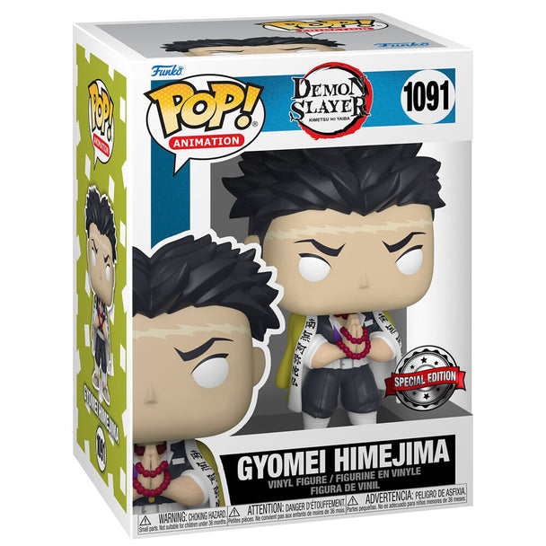 Vue de face de la figurine Funko POP exclusive Gyomei Himejima de Demon Slayer, montrant son design unique et sa boîte collector.