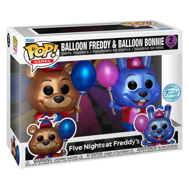 Pack de deux figurines FUNKO POP Balloon Freddy et Balloon Bonnie de Five Nights at Freddy's, présentation côte à côte sur fond neutre