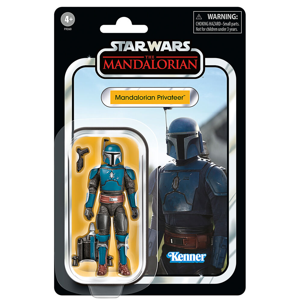 Vue rapprochée de la figurine Mandalorian Privateer avec accessoires