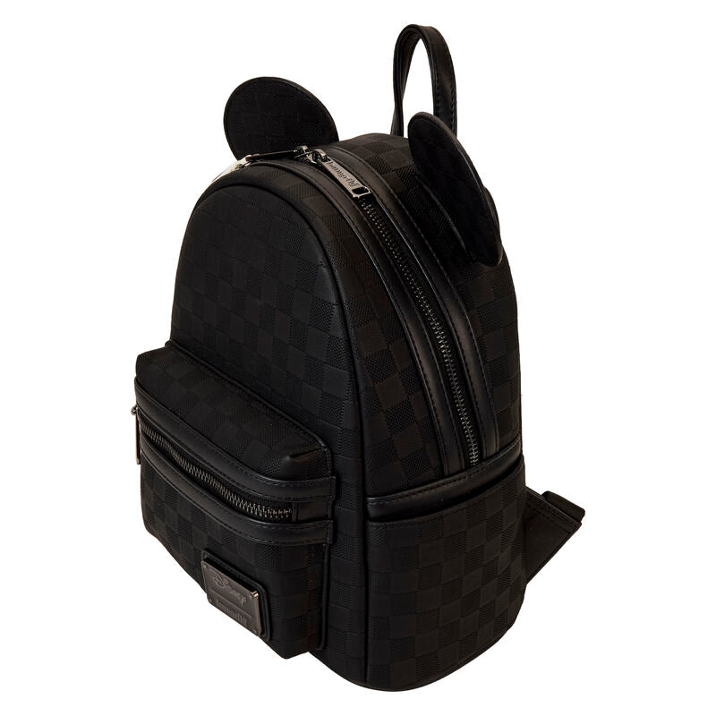 Vue latérale montrant les poches pratiques et les finitions bronze du sac à dos Mickey Ear Evergreen