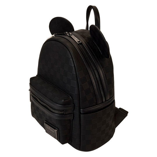 Vue latérale montrant les poches pratiques et les finitions bronze du sac à dos Mickey Ear Evergreen