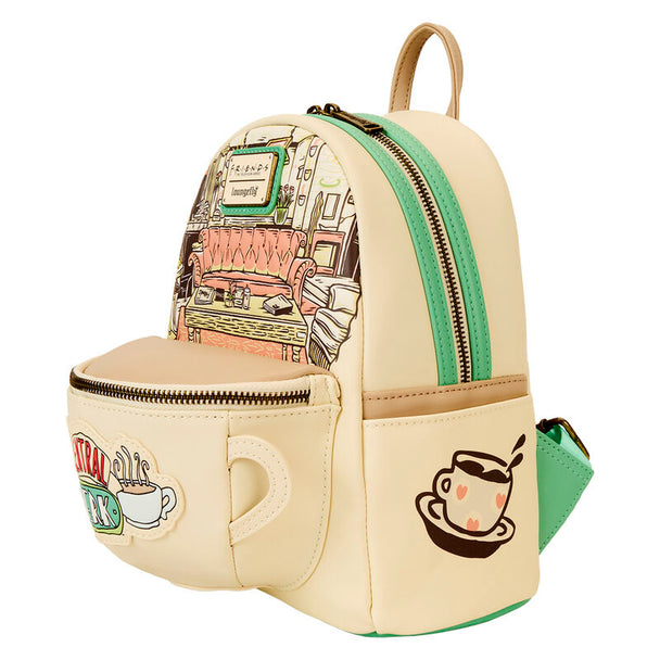 Détail des panneaux latéraux du sac à dos montrant les illustrations originales Central Perk de la série Friends