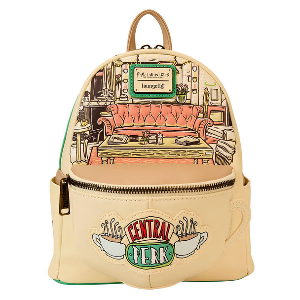 Vue de face du sac à dos LOUNGEFLY Friends Central Perk en simili cuir vegan avec poche avant et illustrations colorées