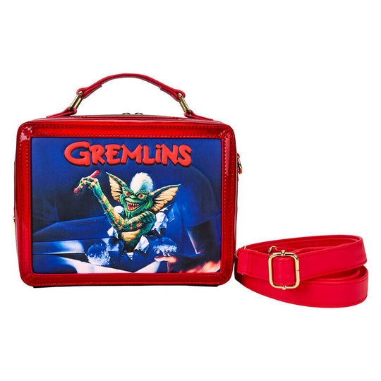 Vue avant du sac bandoulière Loungefly Gremlins 40e Anniversaire en simili cuir vegan avec détails dorés