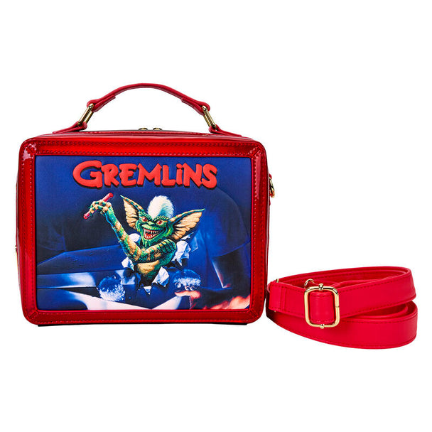 Vue avant du sac bandoulière Loungefly Gremlins 40e Anniversaire en simili cuir vegan avec détails dorés