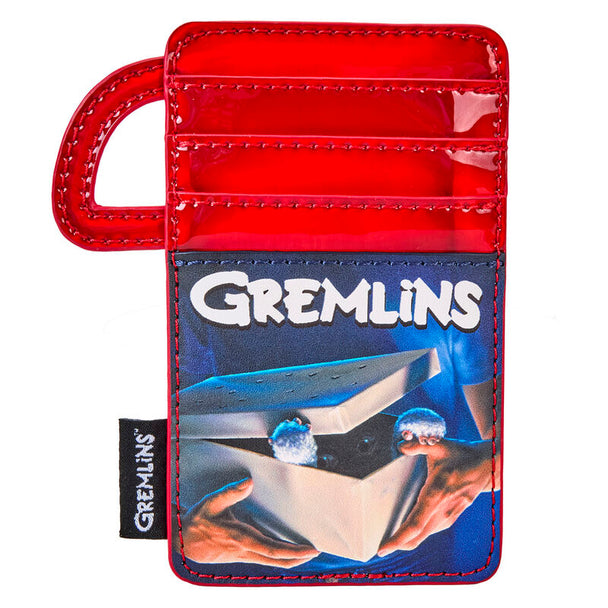 Porte-cartes Loungefly Gremlins ouvert montrant ses quatre emplacements pour cartes et finition en simili cuir