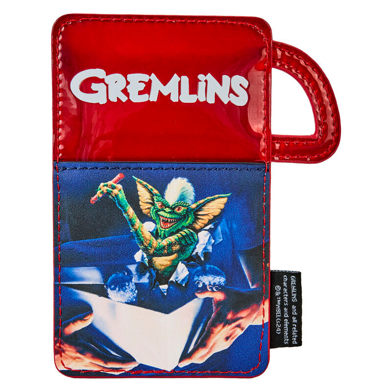Détail du porte-cartes Loungefly Gremlins avec motifs imprimés et textures en cuir vegan de haute qualité