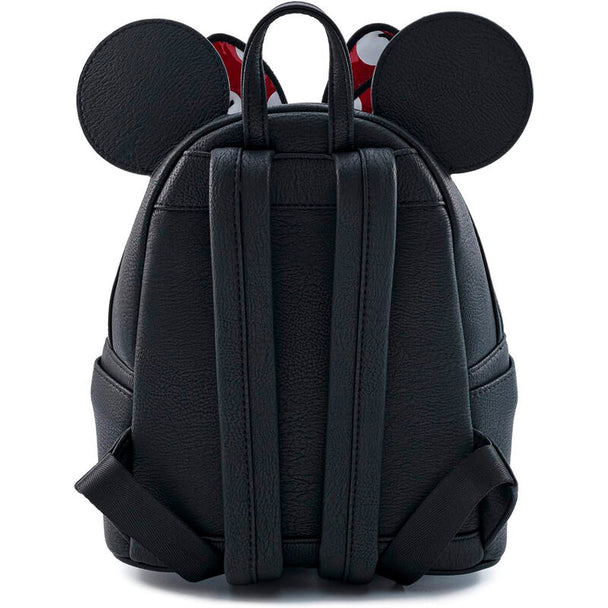 Détail du sac à dos Loungefly Minnie Bow montrant la texture et la qualité des matériaux