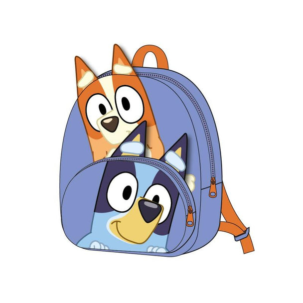 Sac à dos Bluey CERDÁ 22cm en polyester bleu avec motifs colorés, vue de face sur fond blanc