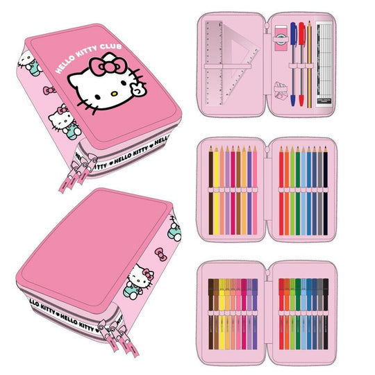 Trousse triple Hello Kitty CERDÁ avec trois compartiments, dimensions 12,5x19,5x4,5 cm, design coloré et pratique pour fournitures scolaires