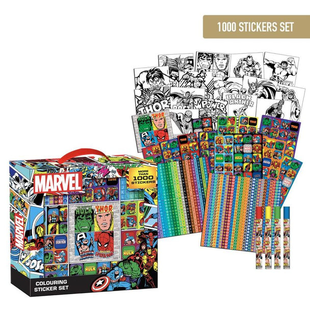 Set de 1000 stickers Marvel colorés avec différents super-héros, présenté par la marque CERDÁ, idéal pour la décoration et la personnalisation.