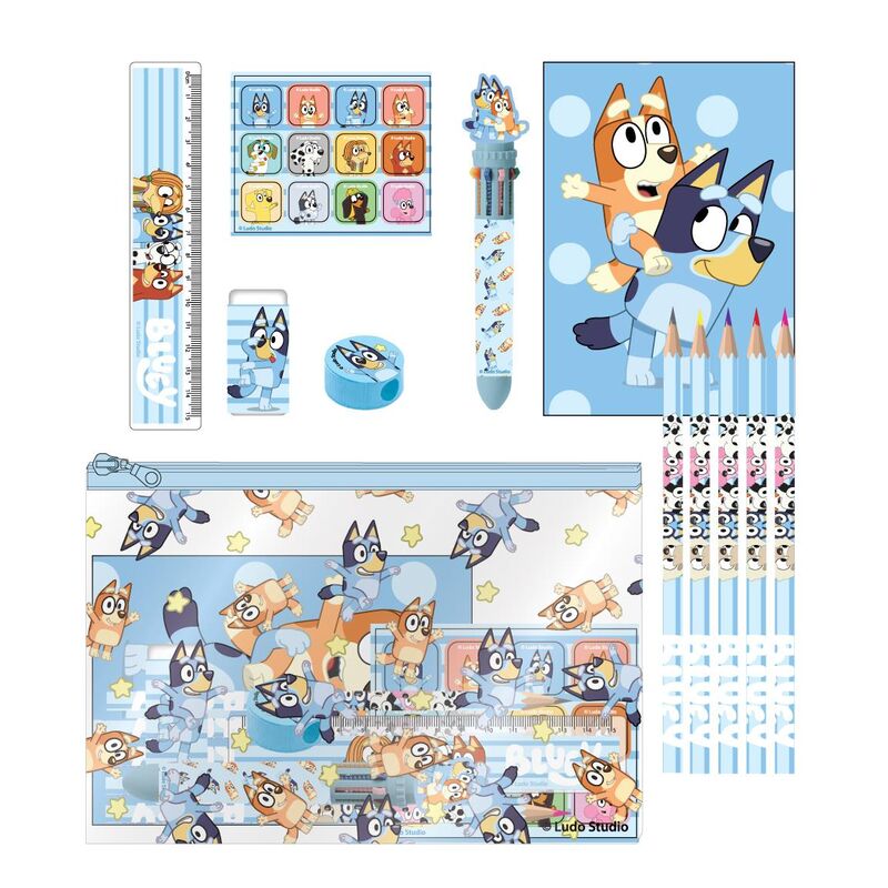 Set de papeterie Bluey CERDÁ avec crayons, règle et gommes, taille 22x14x0,5cm, parfait pour l'école.