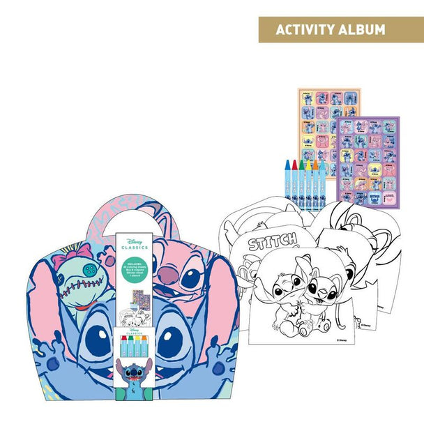 Set d'activités Disney Stitch de la marque CERDÁ avec plusieurs éléments créatifs pour enfants, présenté sur fond blanc.