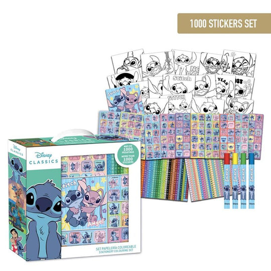 Vue d’ensemble du set de 1000 stickers Disney Stitch avec différentes tailles et poses du personnage