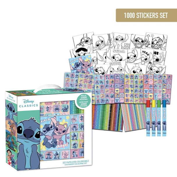 Vue d’ensemble du set de 1000 stickers Disney Stitch avec différentes tailles et poses du personnage