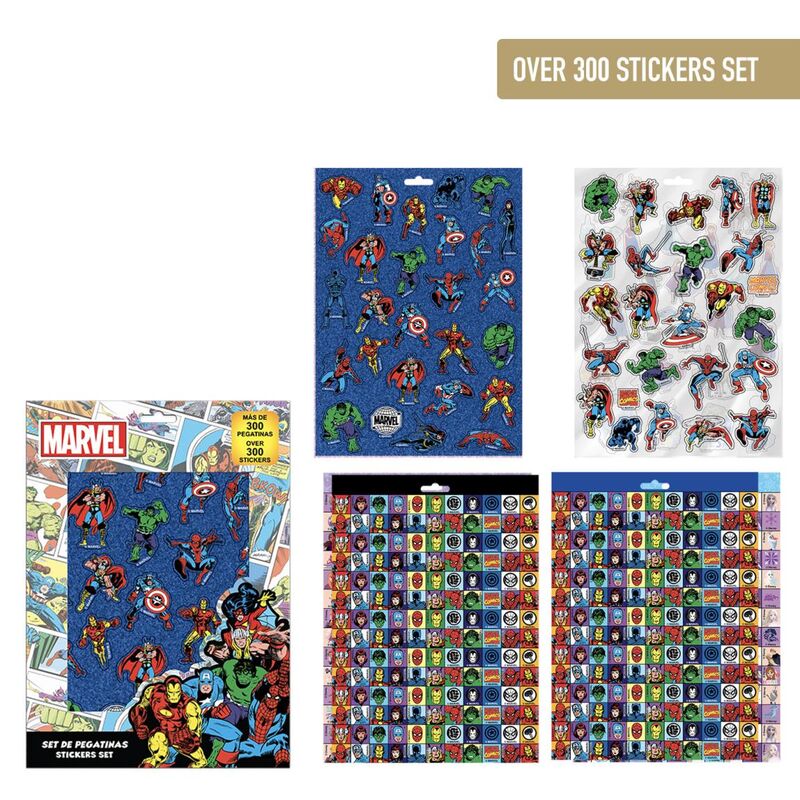Set de stickers Marvel CERDÁ montrant des super-héros emblématiques colorés sur fond blanc, parfaits pour décorer objets personnels.