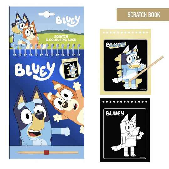 Set papeterie Bluey à gratter CERDÁ avec feuilles colorées et accessoires pour enfants créatifs.