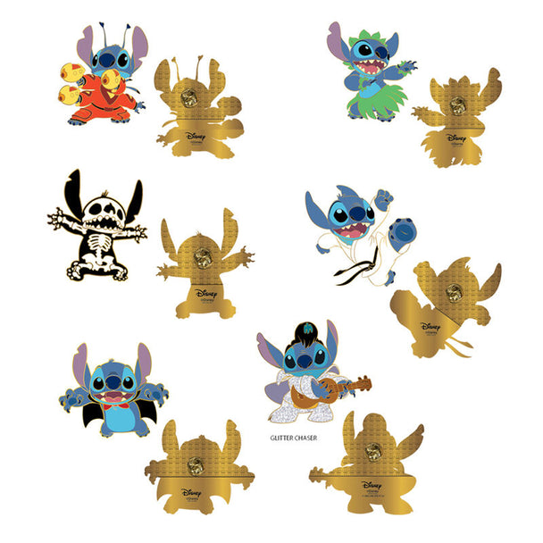 Pin's émaillé Loungefly Disney Stitch en boîte mystère, dimensions 3,18x1,27x4,45 cm, design coloré et détaillé.