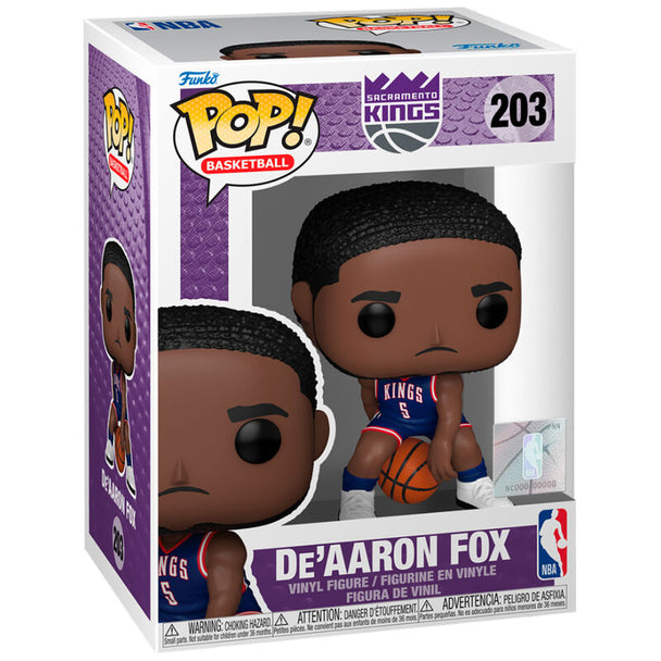 Figurine Funko POP de De'Aaron Fox en tenue des Sacramento Kings, vue de face sur fond blanc
